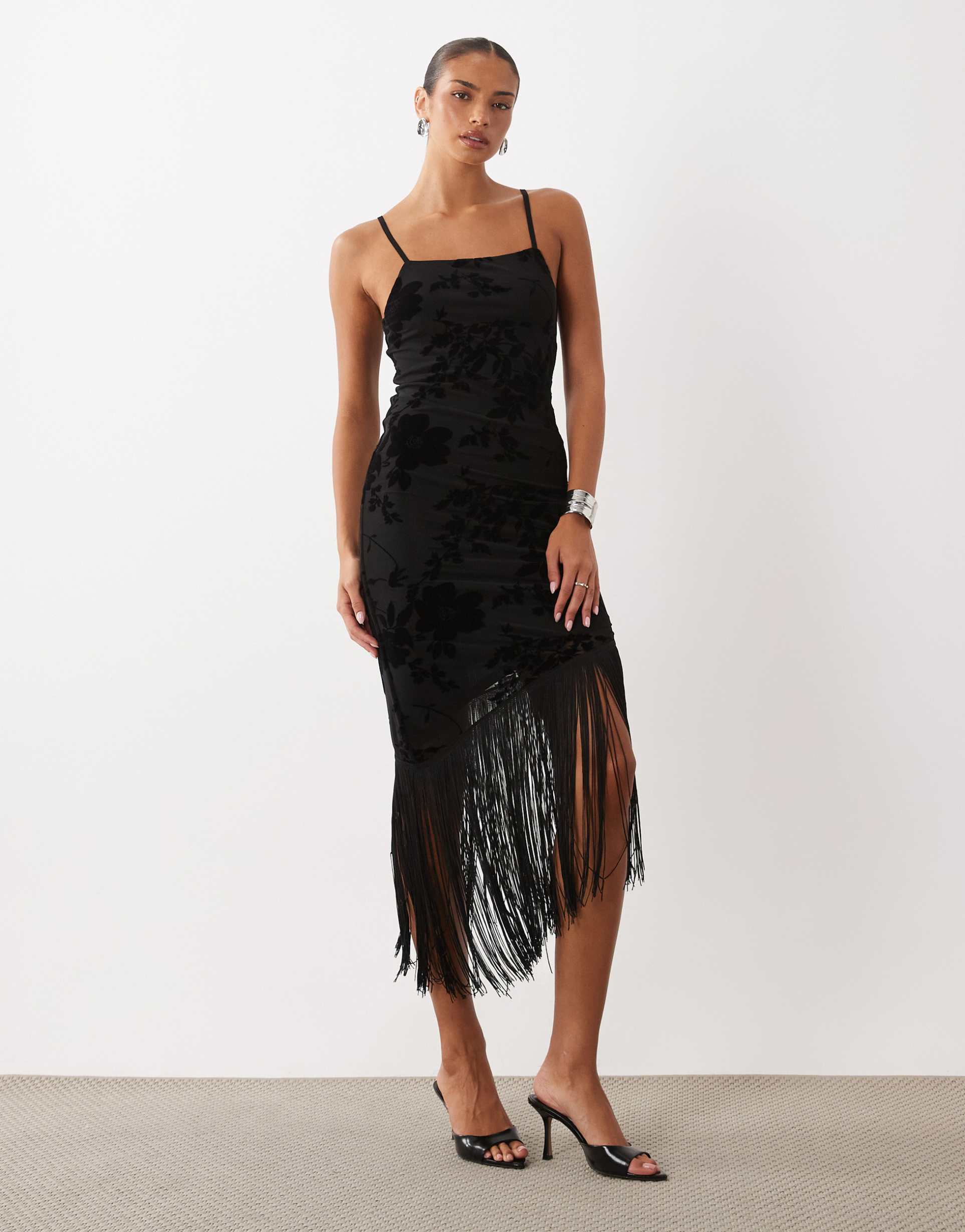 asos design devore floral maxi dress with fringing detail in black