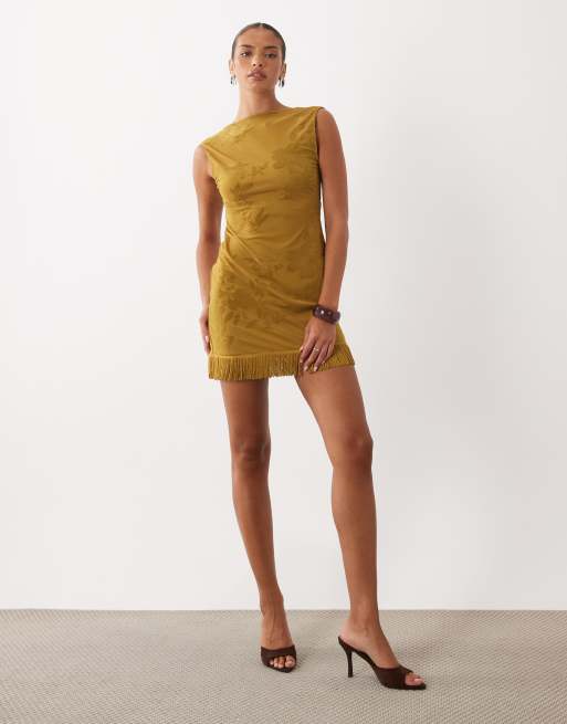 ASOS DESIGN devore floral mesh mini dress with fringing in olive, 2 of 4