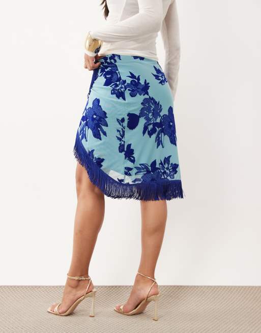 ASOS DESIGN devore floral mesh wrap around fringed midi skirt in blue, 5 of 5