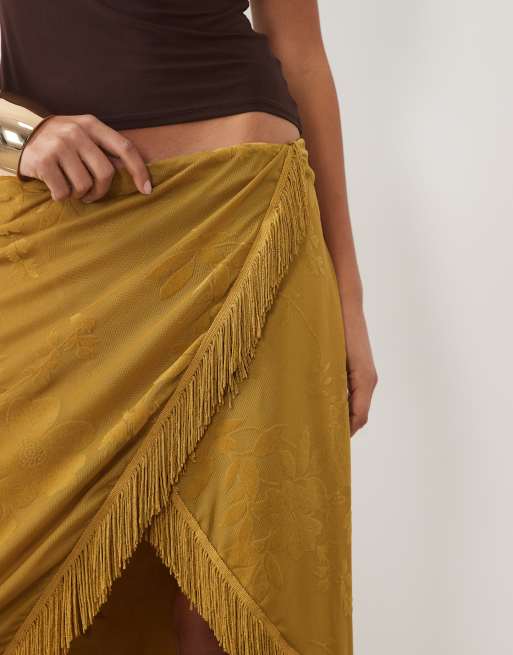 ASOS DESIGN devore floral mesh wrap around fringed midi skirt in olive, 3 of 5