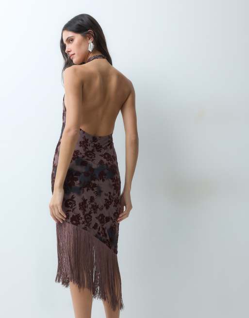 ASOS DESIGN devore halter fringed mini dress in brown, 2 of 5