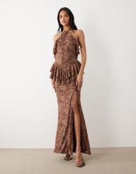 ASOS DESIGN devore halter maxi dress with frill neckline in chocolate