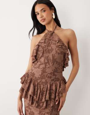 ASOS DESIGN devore halter maxi dress with frill neckline in chocolate