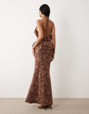 ASOS DESIGN devore halter maxi dress with frill neckline in chocolate