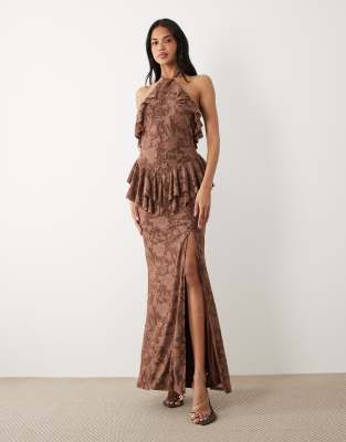Asos Design Devoré Halter Neck Maxi Dress With Frill Neckline In Brown