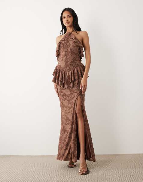ASOS DESIGN devoré halter neck maxi dress with frill neckline in chocolate - view 1