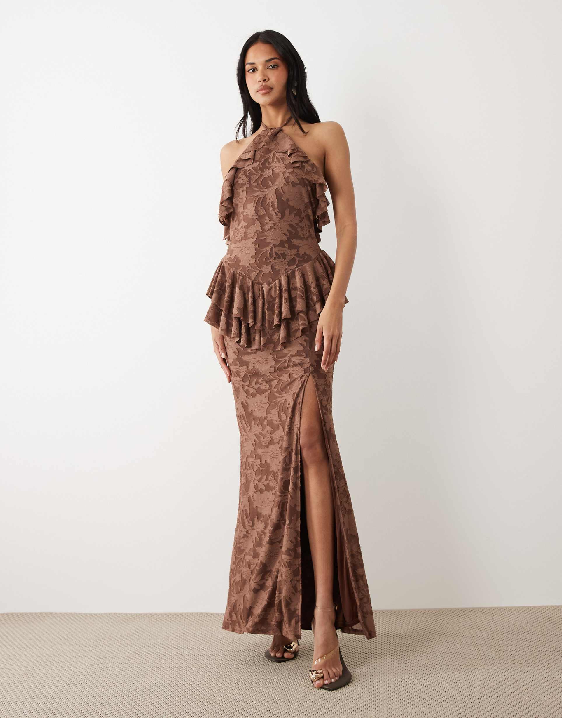 asos design devoré halter neck maxi dress with frill neckline in chocolate