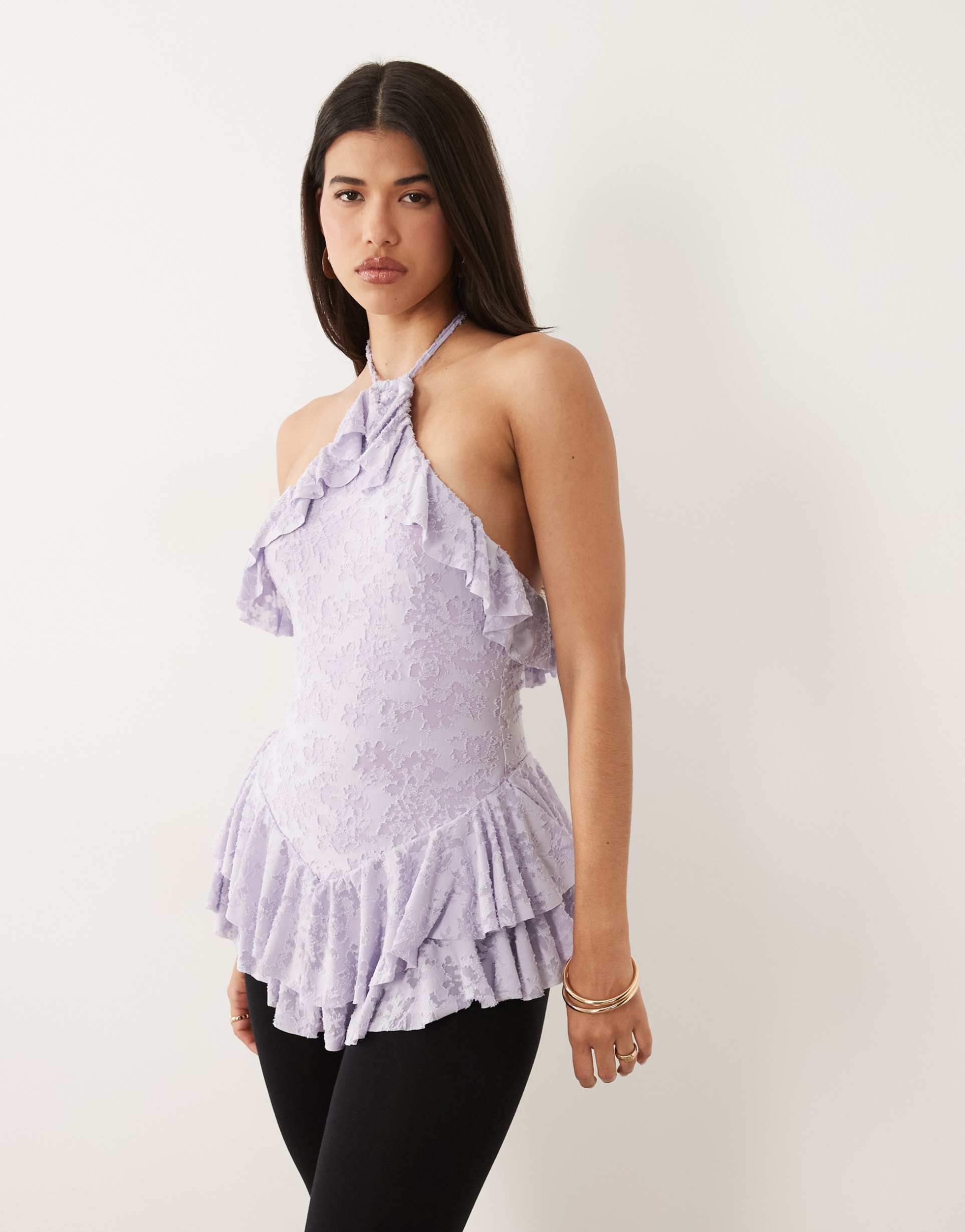 asos design devore halter neck peplum ruffle top in lilac