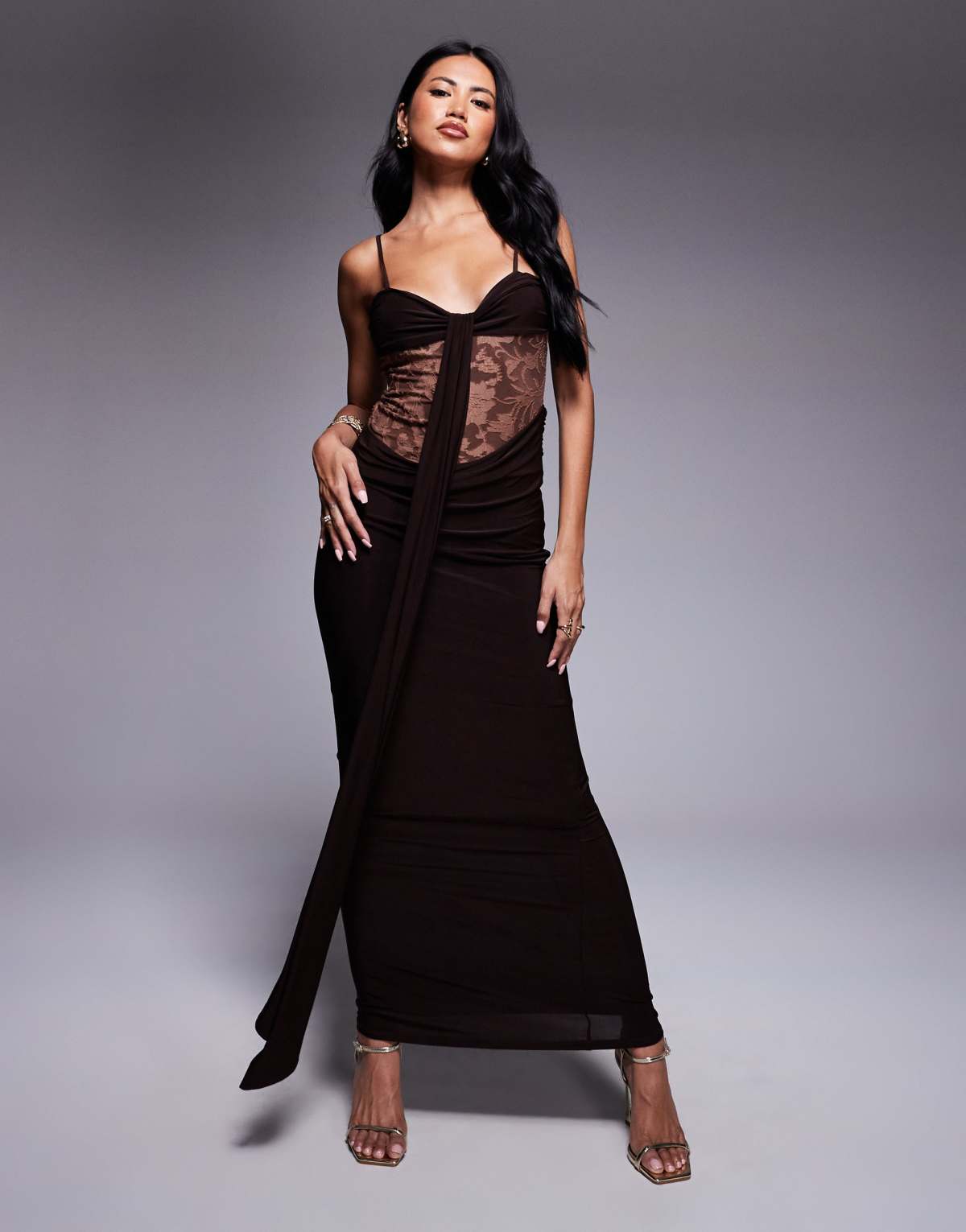 ASOS DESIGN devore hybrid slinky maxi dress in chocolate
