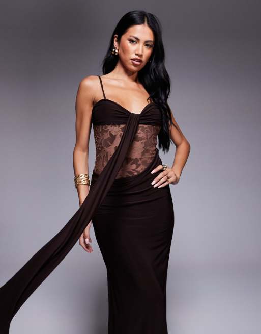 ASOS DESIGN devore hybrid slinky maxi dress in chocolate, 2 of 4