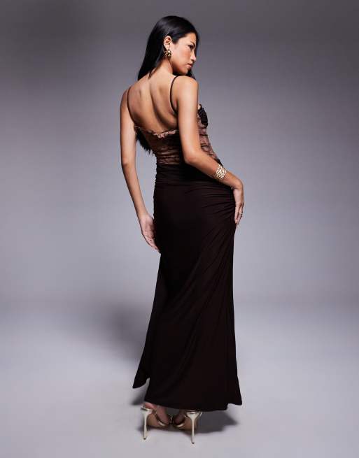 ASOS DESIGN devore hybrid slinky maxi dress in chocolate, 4 of 4