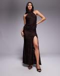 [ASOS DESIGN] ASOS DESIGN devore lace halterneck maxi dress with ruching in chocolate-Brown 18 Chocolate
