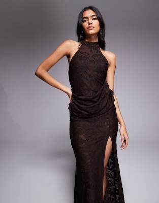 Asos Design Devore Lace Halterneck Maxi Dress With Ruching In Brown