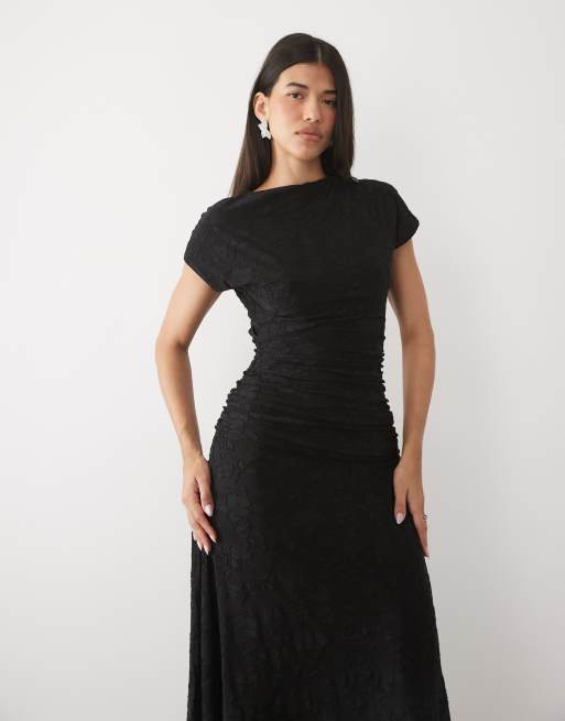 ASOS DESIGN devore lace ruched detail short sleeve maxi dress in black, 2 of 4