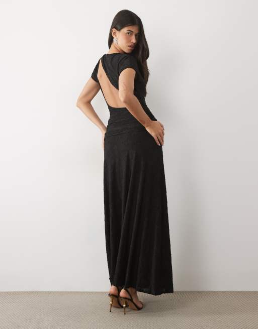ASOS DESIGN devore lace ruched detail short sleeve maxi dress in black, 4 of 4