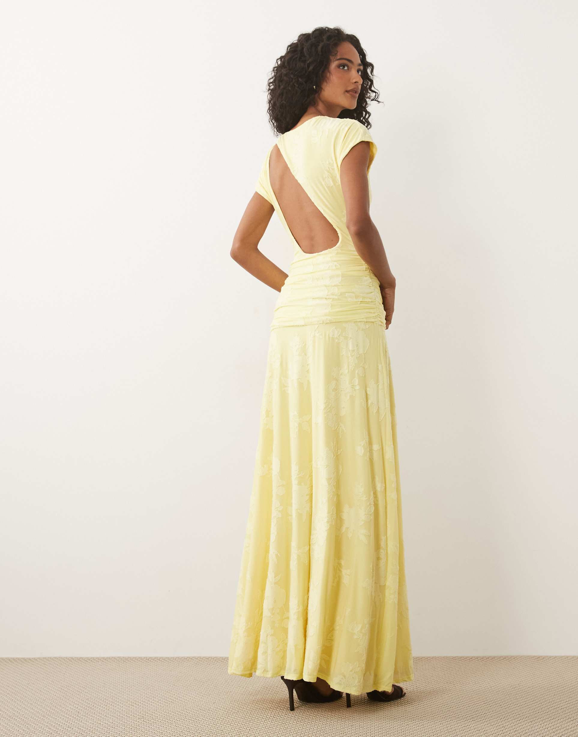 asos design devore lace ruched detail short sleeve maxi dress in lemon