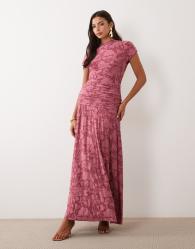 ASOS DESIGN devore lace ruched detail short sleeve maxi dress in rose