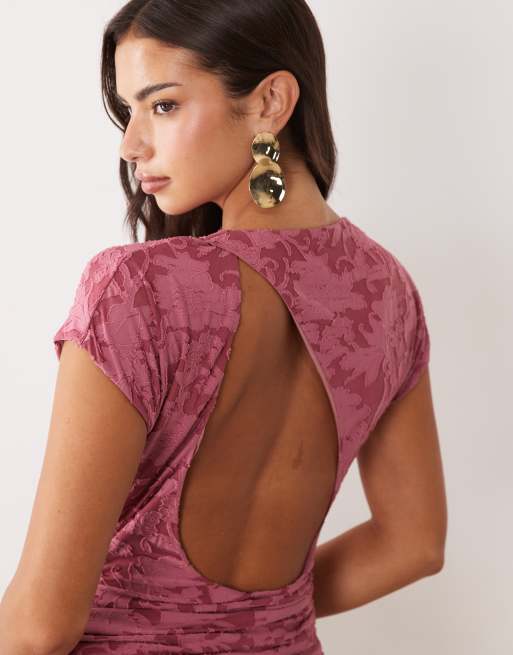 ASOS DESIGN devore lace ruched detail short sleeve maxi dress in rose, 2 of 4