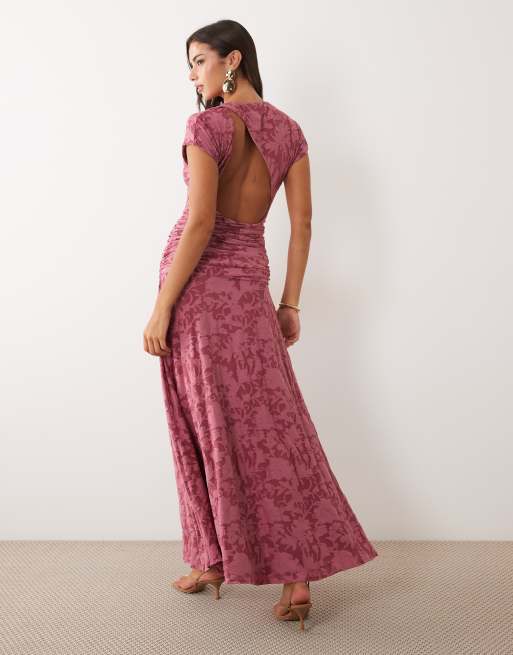 ASOS DESIGN devore lace ruched detail short sleeve maxi dress in rose, 3 of 4