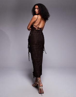 Asos Design Devore Lace Ruffle Strappy Back Maxi Dress In Brown