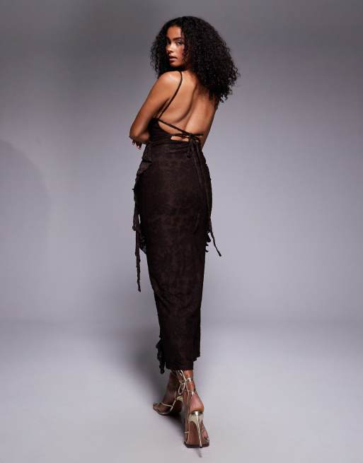 ASOS DESIGN devore lace ruffle strappy back maxi dress in chocolate