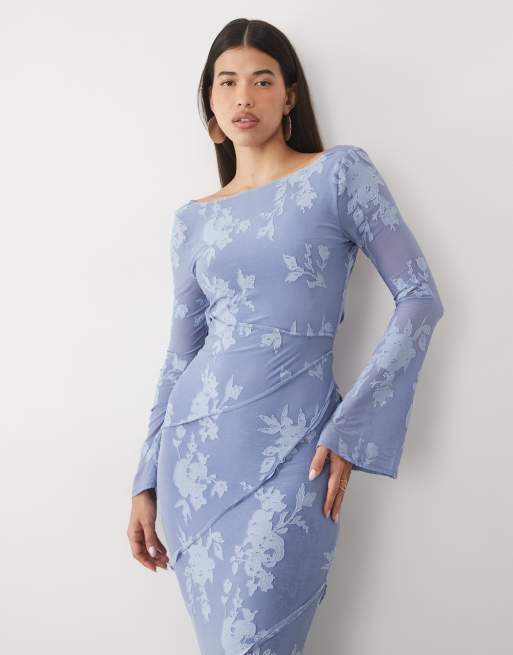 ASOS DESIGN devore langærmet maxikjole med åben ryg i blomstermønster i blå, 2 af 4