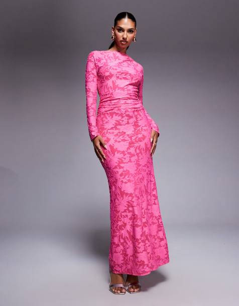 ASOS DESIGN devore long sleeve maxi dress with open back in pink - view 1