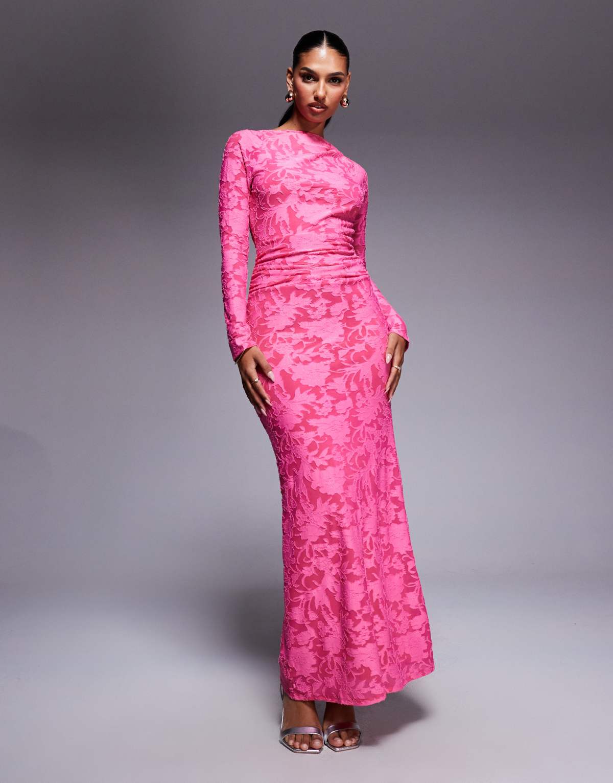 ASOS DESIGN devore long sleeve maxi dress with open back in pink