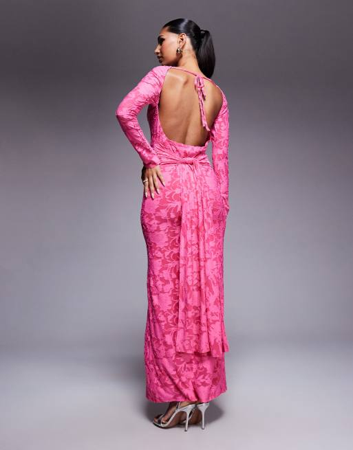 ASOS DESIGN devore long sleeve maxi dress with open back in pink