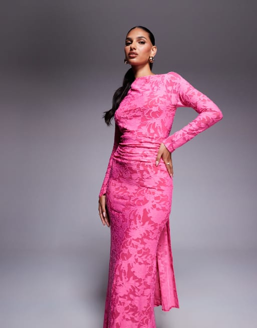 ASOS DESIGN devore long sleeve maxi dress with open back in pink