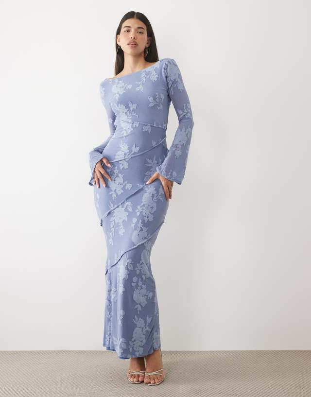 ASOS DESIGN devore long sleeve open back maxi dress in blue floral
