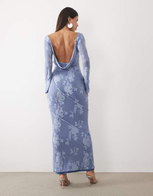ASOS DESIGN devore long sleeve open back maxi dress in blue floral, 4 of 4