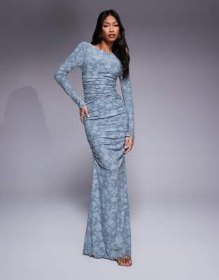 Shop ASOS DESIGN devore long sleeve ruched maxi dress in blue Online – Trendy & Affordable Fashion