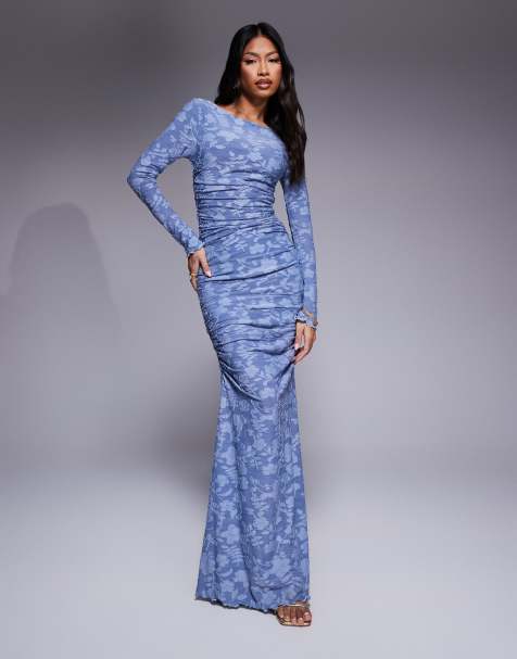 ASOS DESIGN devore long sleeve ruched maxi dress in blue - view 1