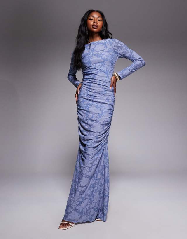 blue ruched long sleeve dress ASOS DESIGN devore maxi in bright Maternity 25 hollow out Size:17.5 34/35 ASOS EDITION + Embroidered