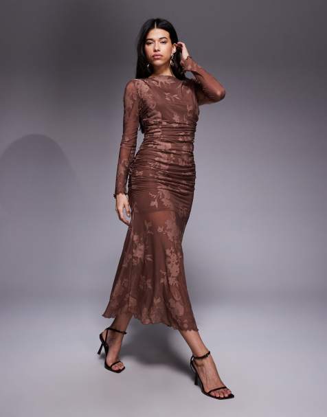 ASOS DESIGN devore long sleeve ruched maxi dress in  chocolate