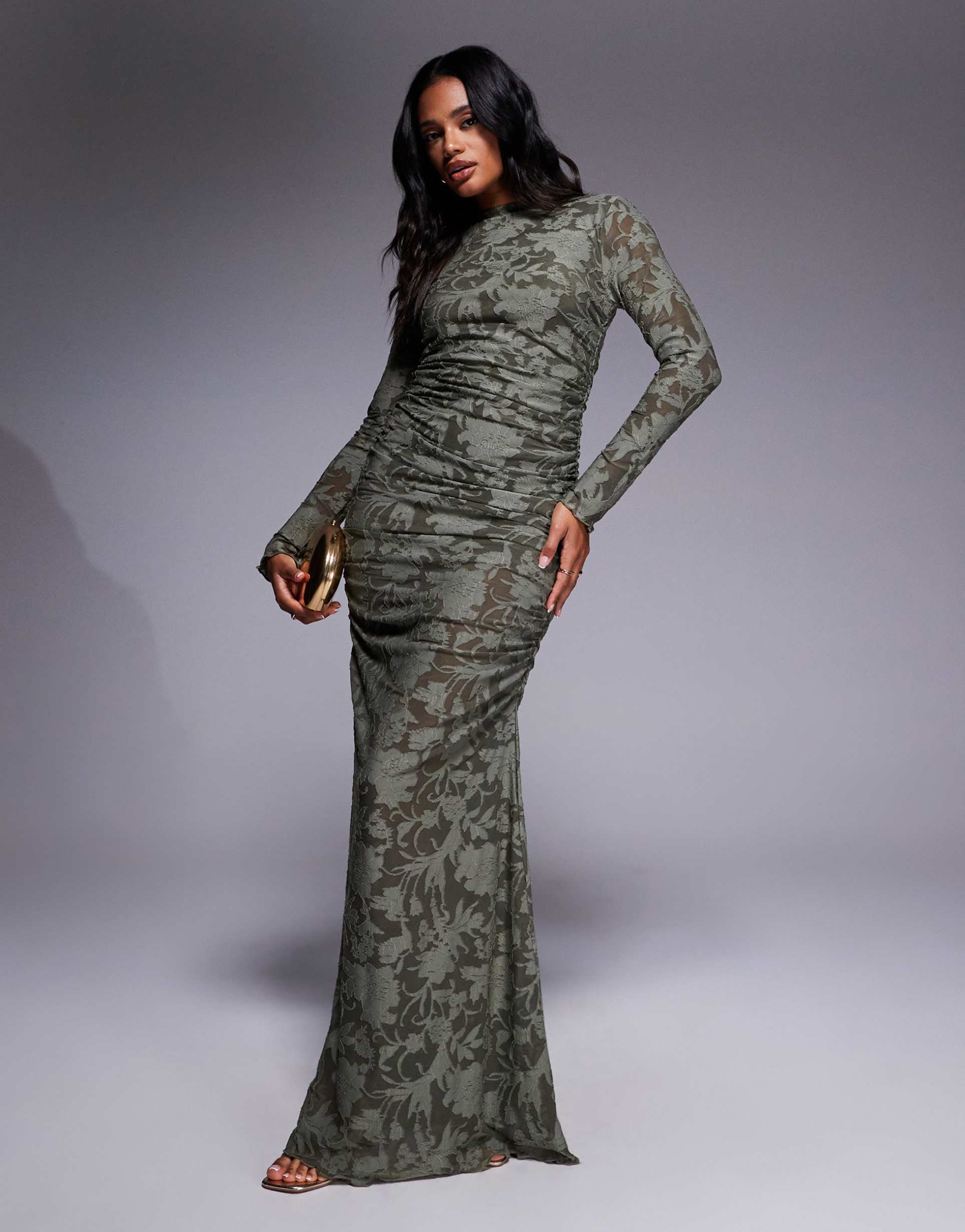 asos design devore long sleeve ruched maxi dress in khaki green