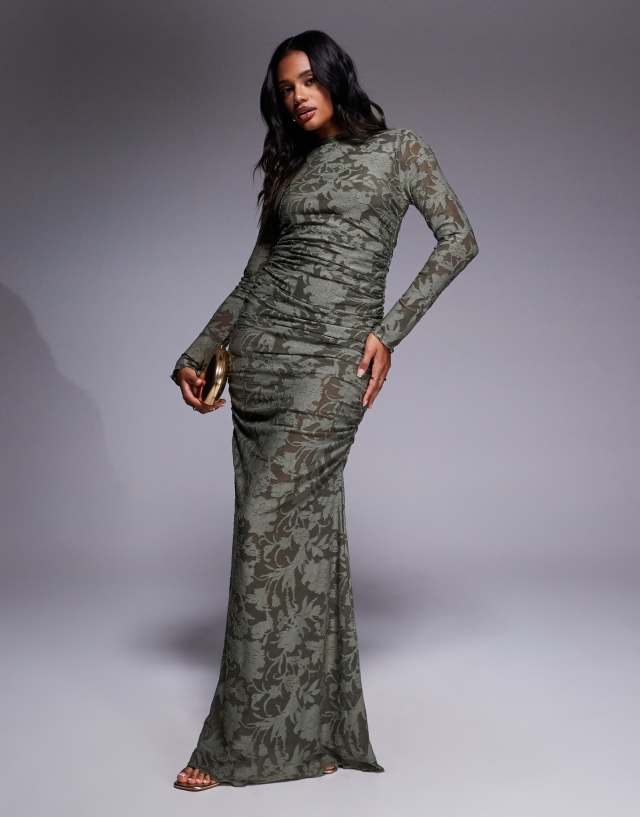 grey green maxi dress ASOS DESIGN devore long sleeve ruched in khaki casual day dress