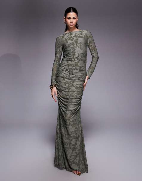 ASOS DESIGN devore long sleeve ruched maxi dress in khaki