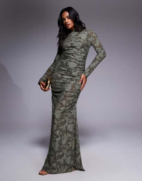 ASOS DESIGN devore long sleeve ruched maxi dress in khaki - view 1