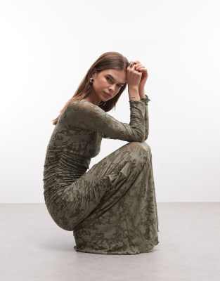 ASOS DESIGN devore long sleeve ruched maxi dress in khaki | ASOS