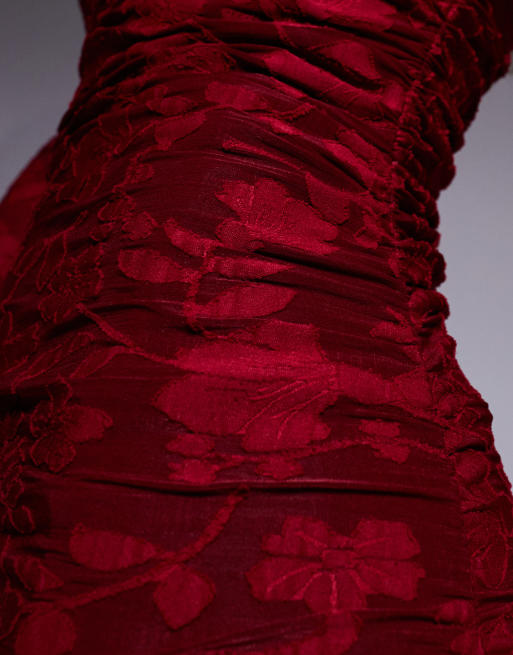 ASOS DESIGN devore long sleeve ruched maxi dress in wine