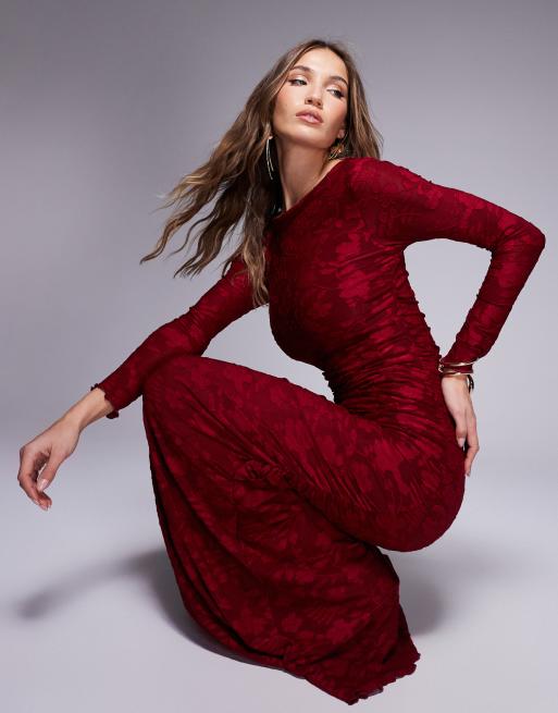 ASOS DESIGN devore long sleeve ruched maxi dress in wine