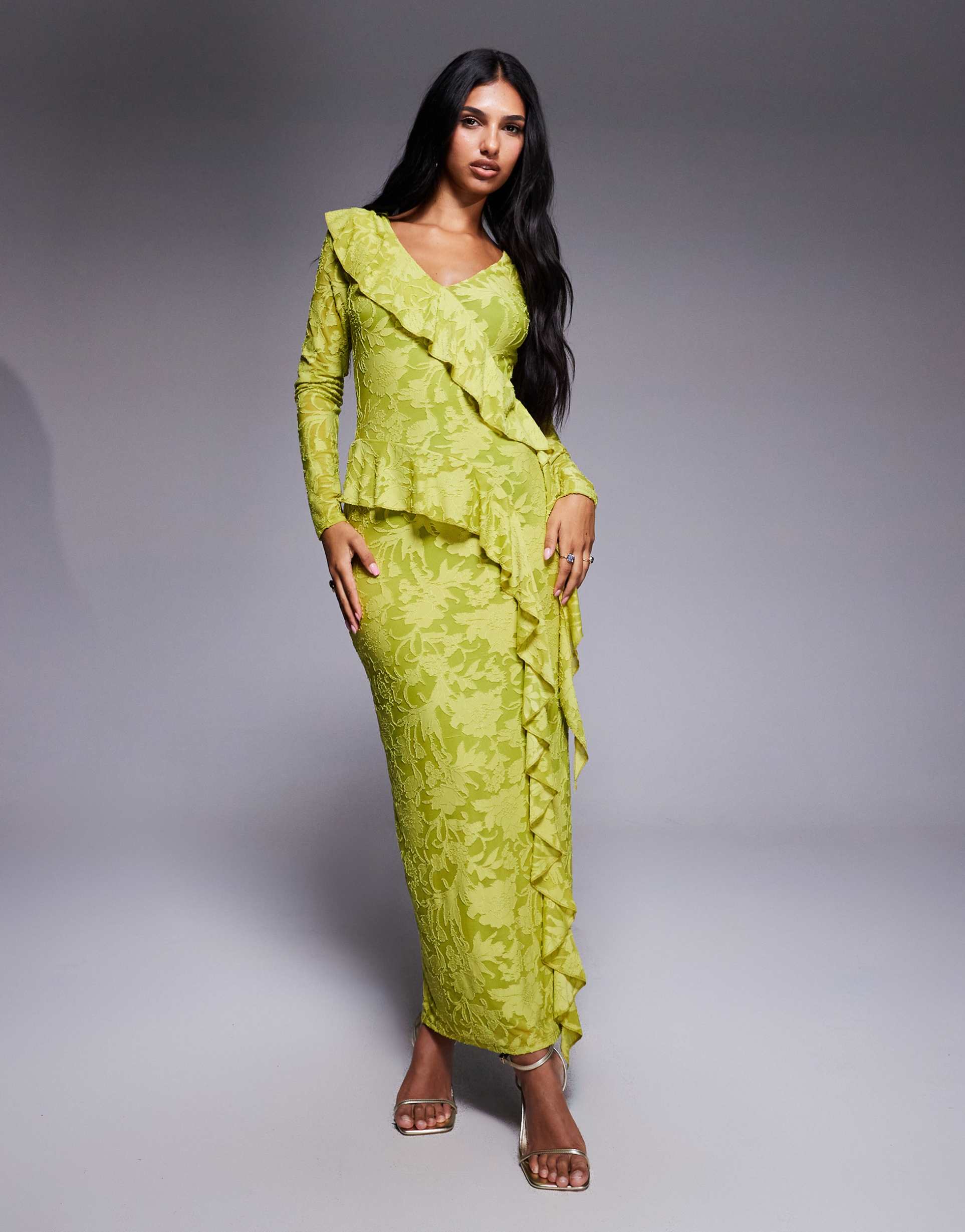 asos design devore long sleeve ruffle maxi dress in green