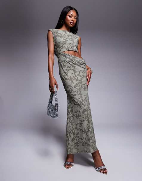 ASOS DESIGN - Devoré maxi-jurk met hoge hals, lage achterkant en uitsnijding bij de taille in kaki - view 1