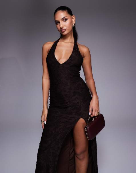 ASOS DESIGN devore maxi slip halter dress in chocolate - view 1
