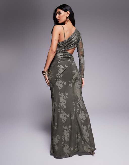 ASOS DESIGN – Devoré-Maxikleid in Khaki mit Rückenausschnitt, einem Ärmel und sichtbaren Nähten, 3 von 4