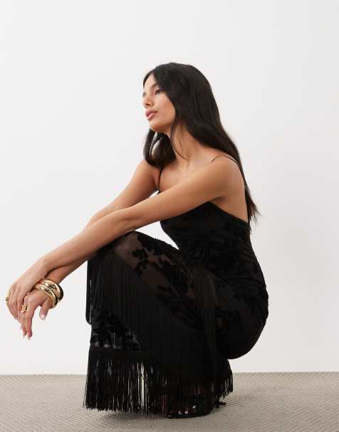 ASOS DESIGN devore mesh floral maxi dress with fringing in black - view 1