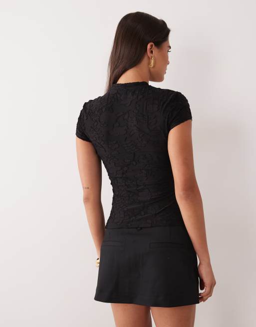 ASOS DESIGN devore mesh mandarin cap sleeve in black, 3 of 4