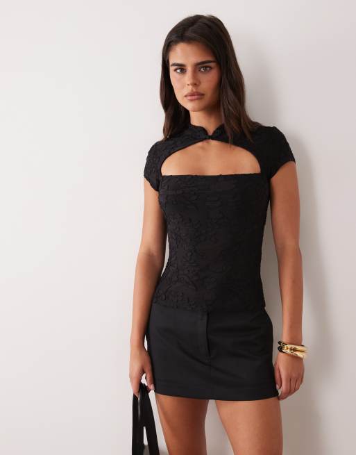 ASOS DESIGN devore-mesh med kinakrave og korte ærmer i sort, 4 af 4